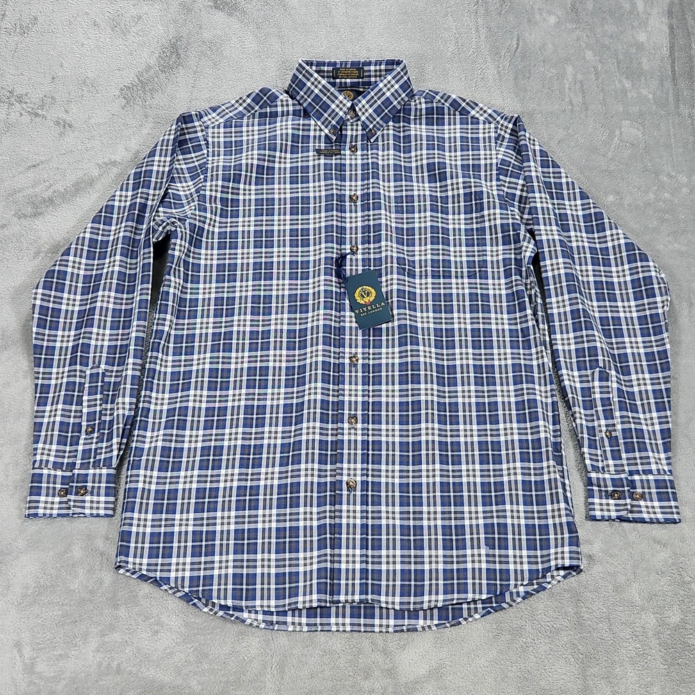 Viyella Shirt Mens Medium Blue Plaid Wool Traditional Button‎ Down Long Sleeve